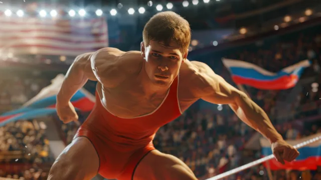 A Greco-Roman wrestler in a red singlet grapples on the mat while a cheering crowd and Russian flags fill the stadium.