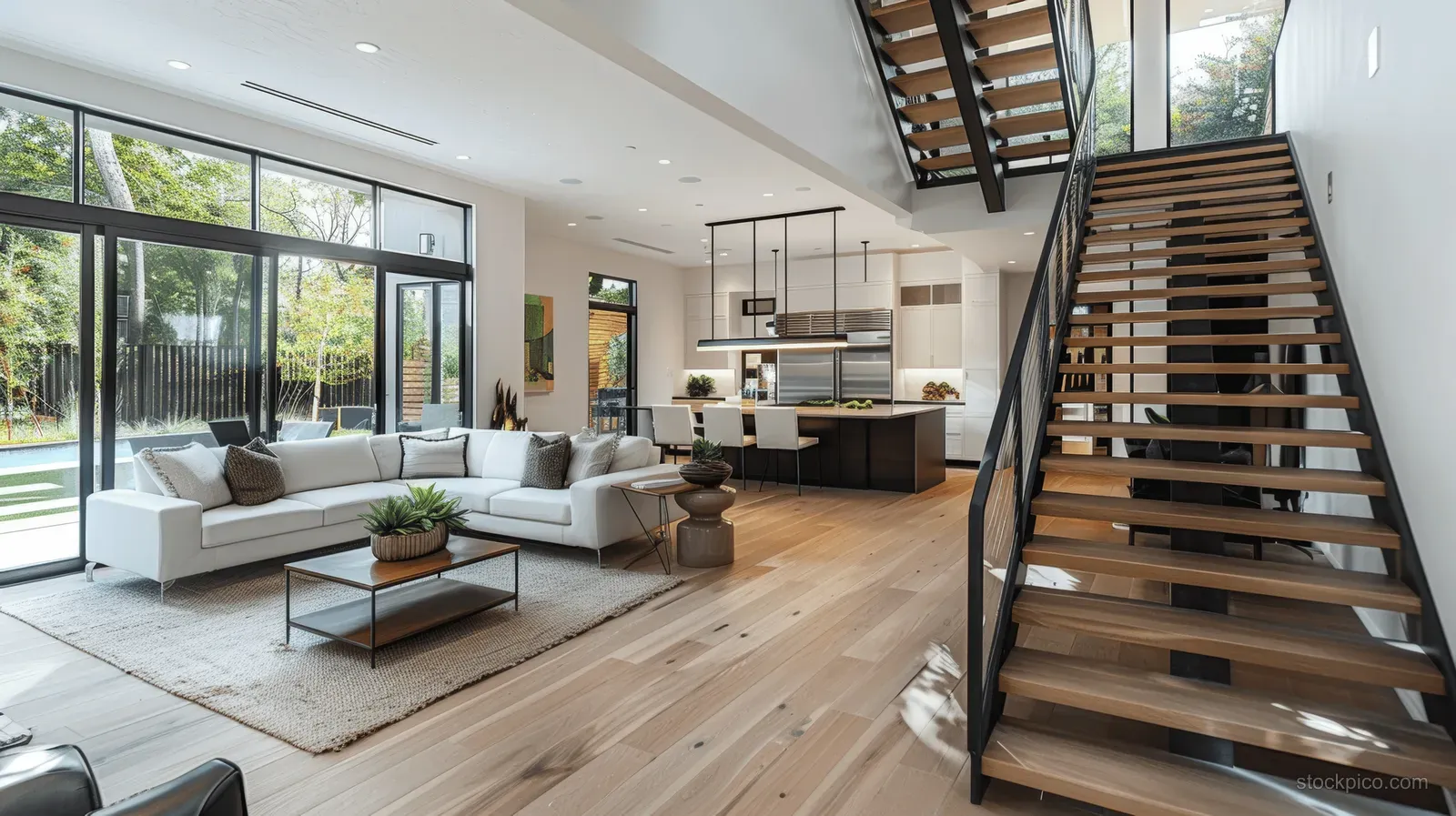 Open-concept living room with light wood flooring, a black steel staircase, and large windows overlooking a garden.