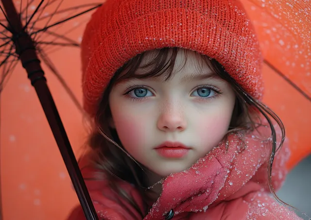 Smiling child in raincoat holds a pink umbrella while walking through wet park leaves.
