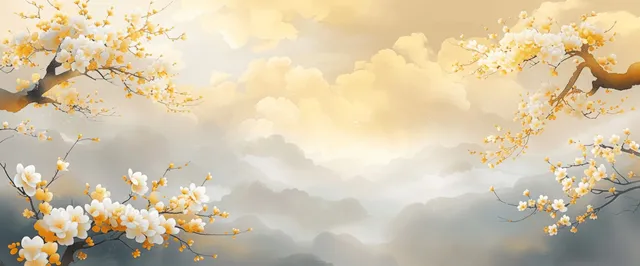 Japanese spring landscape illustration with blossoming branches framing a gold misty sky