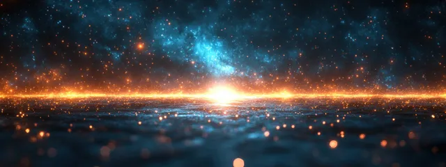 Blue light burst and soft lens flare glow across a dark horizon with scattered particles.