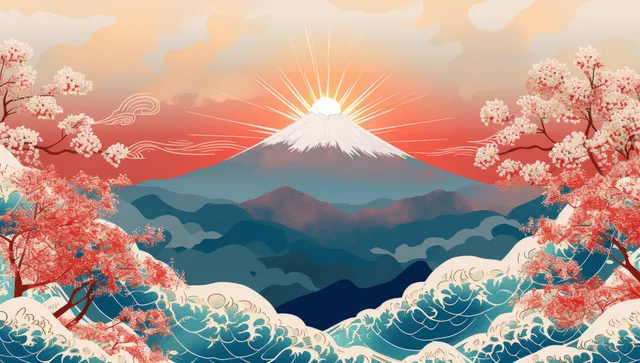 Mount Fuji rises over blue wave crests while pink sakura blossoms and golden sun rays fill the sky.