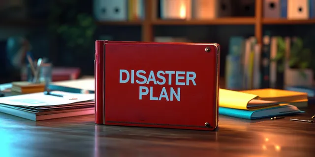 Red Disaster Plan binder standing on a wooden office desk beside scattered documents