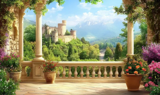 Stone balcony overlooking an ancient castle amid lush summer garden blooms