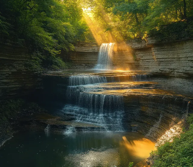 Waterfall cascades over layered rocks into a calm pool as golden sunlight beams through surrounding green trees.