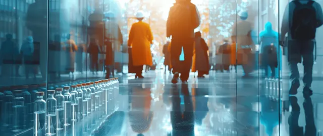 Business team collaborating in glass-walled corporate office with desks and daylight