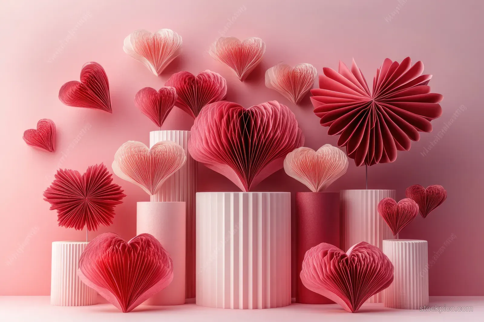 Folded red and pink paper hearts sit on pastel pink cylinder pedestals in a soft pink romantic still life.