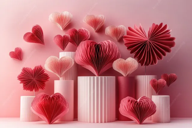 Red and pink paper hearts arranged on pastel cylinder pedestals with soft glowing backdrop