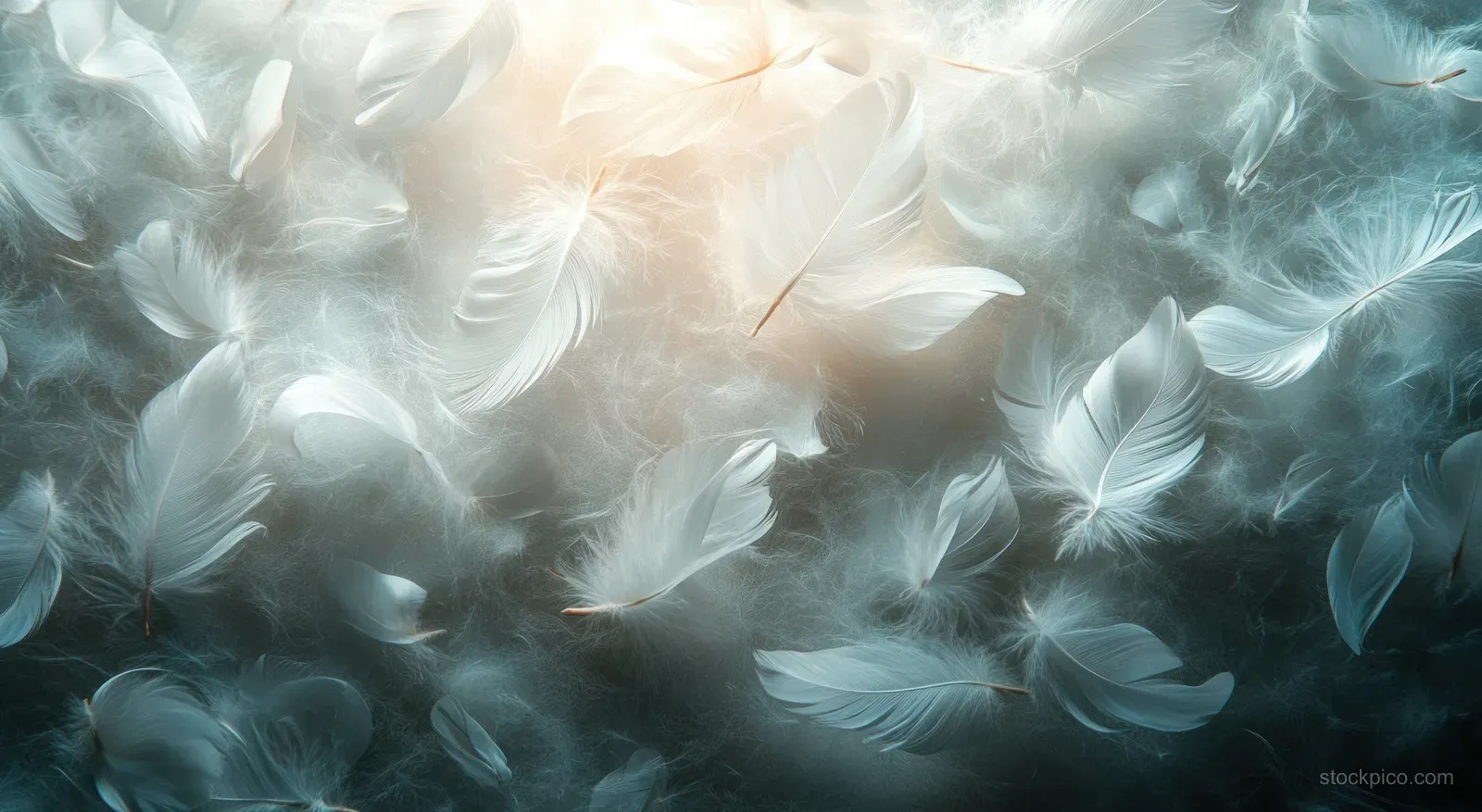 White feathers drift over a textured gray background with soft focus and airy glowing light.