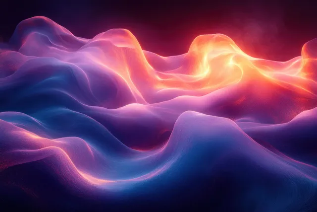 Glowing teal and purple wave ribbons ripple across a dark gradient background with Night Themed Abstract Design