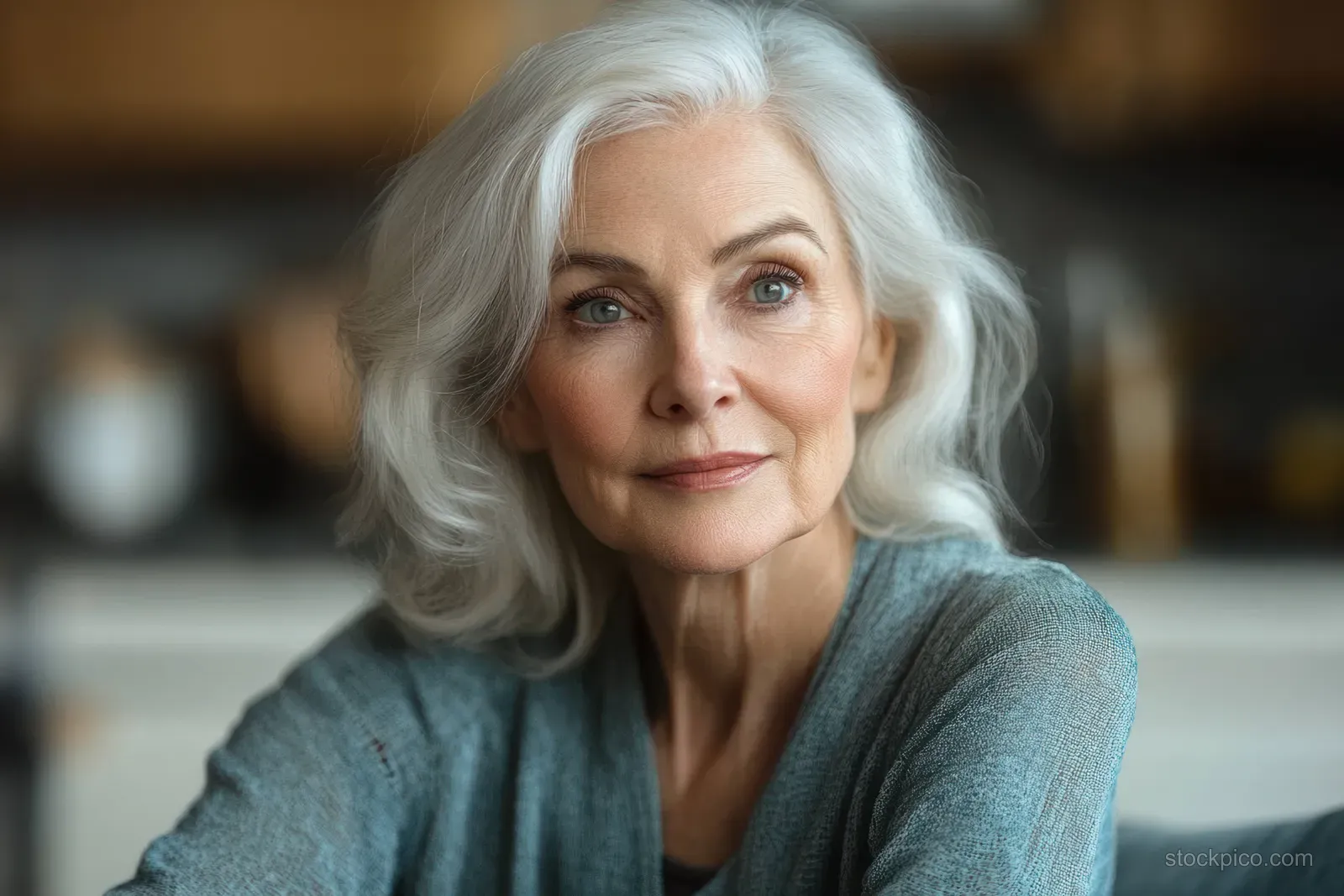 An elderly woman with white hair sits in a modern kitchen, looking at the camera with a calm smile.