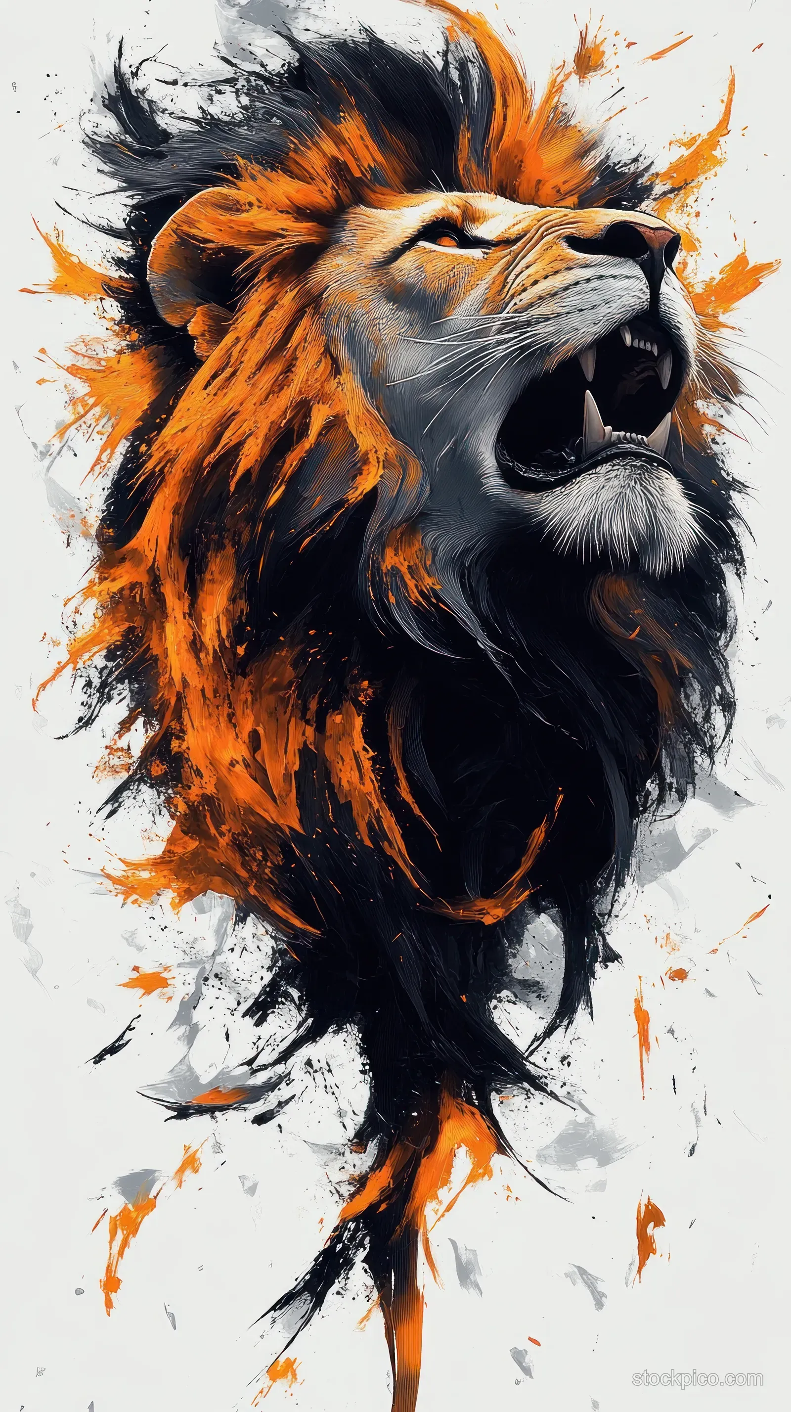 Roaring lion face with fiery orange and black mane surrounded by paint splatter and splashes.