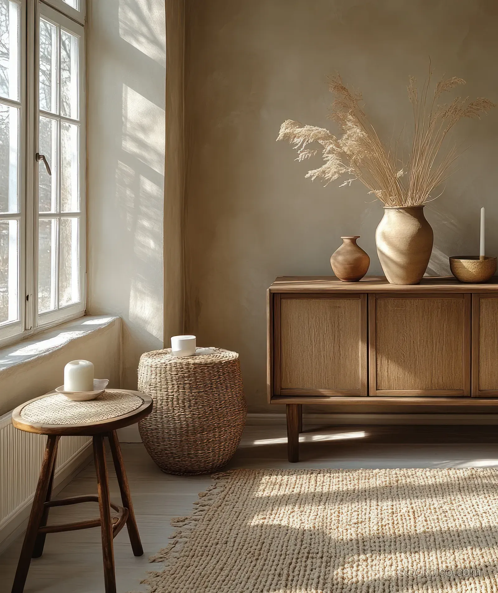 Sunlit Scandinavian living room featuring a wooden sideboard with small vases and dried pampas beside a window.