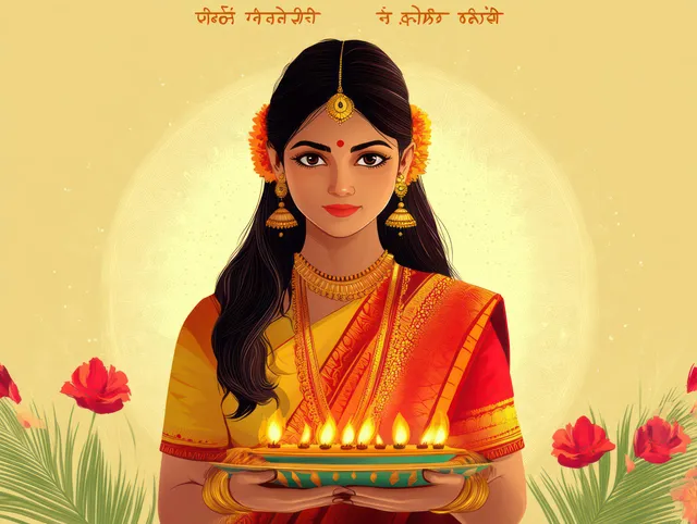 Indian woman holds a Chhath Puja worship tray with a glowing kalash on a yellow festive background.