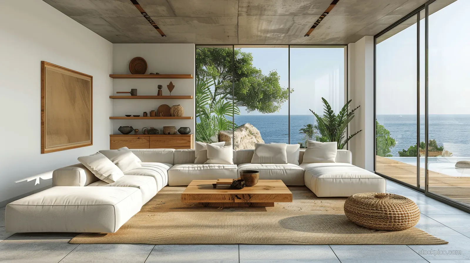 Beige minimalist living room with sectional sofa, wooden coffee table, sea-view painting, and large ocean window light.