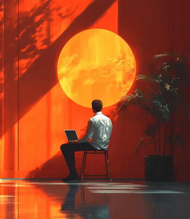 Silhouetted worker at desk typing on laptop beneath glowing orange circle