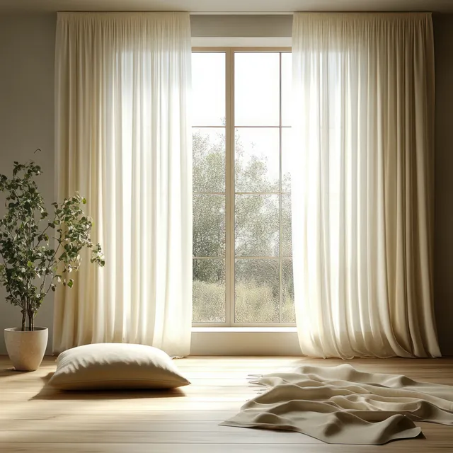 Sheer curtains beside a window with filtered daylight, a potted green plant, and neutral cushions on a wooden floor.