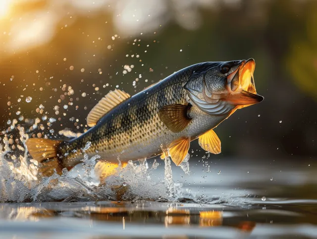 Largemouth bass leaps from freshwater at golden hour, splashing droplets in sharp focus