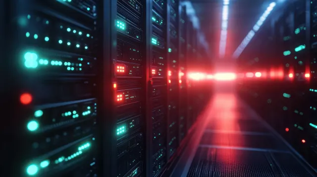 A dim server room corridor with rows of racks glowing teal and red indicator lights toward a bright vanishing point.