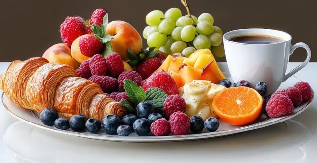 Croissants and mixed berries on a white plate beside sliced fruit and a cup of black coffee.