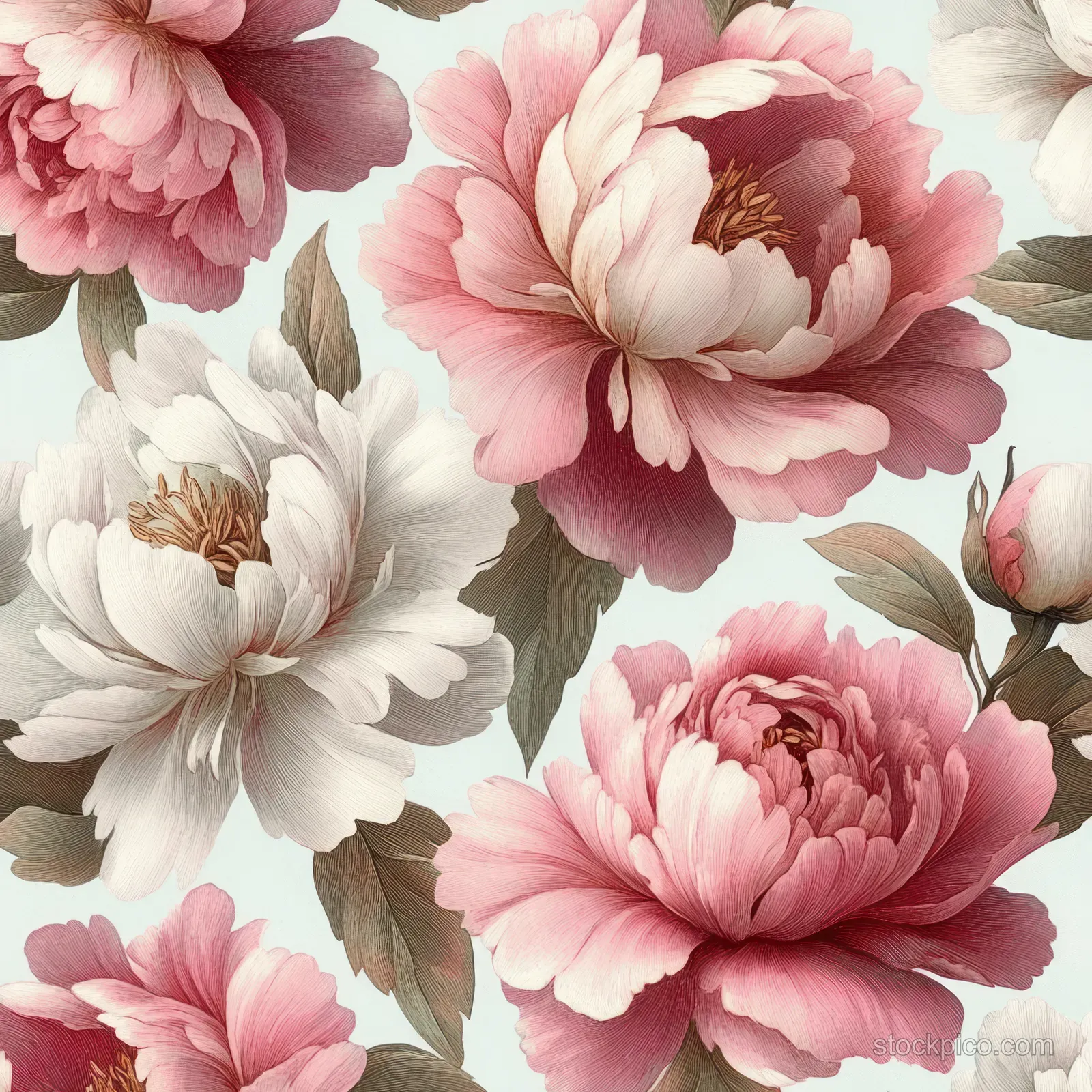 Seamless pattern of pink and white peonies with pencil sketch outlines and soft pastel shading.