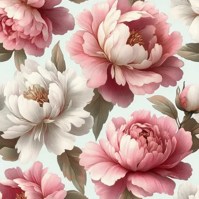 Seamless pattern of pink and white peonies with pencil sketch outlines and soft pastel shading.