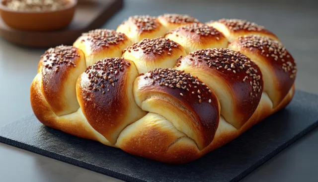 Golden braided sesame bread loaf sits on a black slate board in a cozy kitchen.