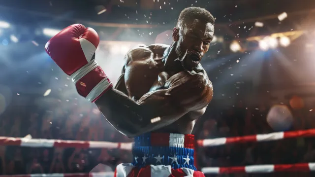 A lightweight boxer throws a powerful punch amidst a cheering crowd in a vibrant, electrifying arena.