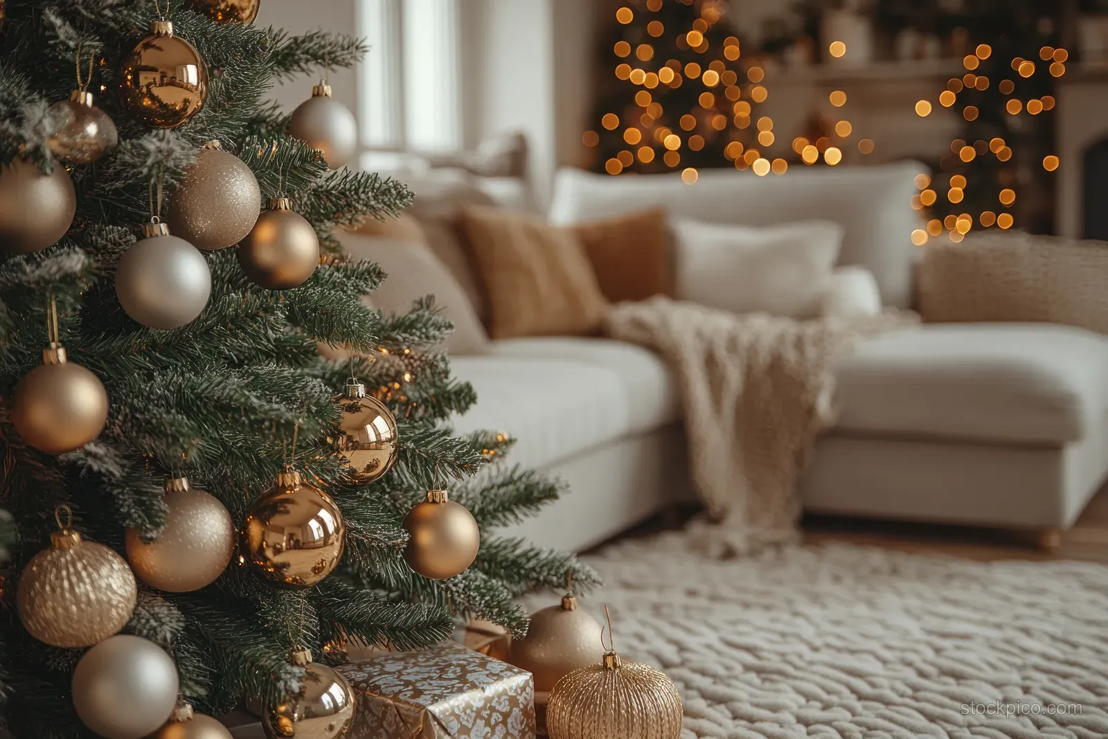 Golden baubles on a Christmas tree and wrapped presents sit beside a neutral sofa in warm indoor light.