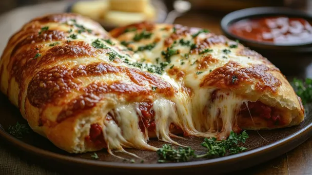 Freshly baked calzone with melted cheese and tomato sauce, herb garnish, on a dark plate beside dipping sauce.
