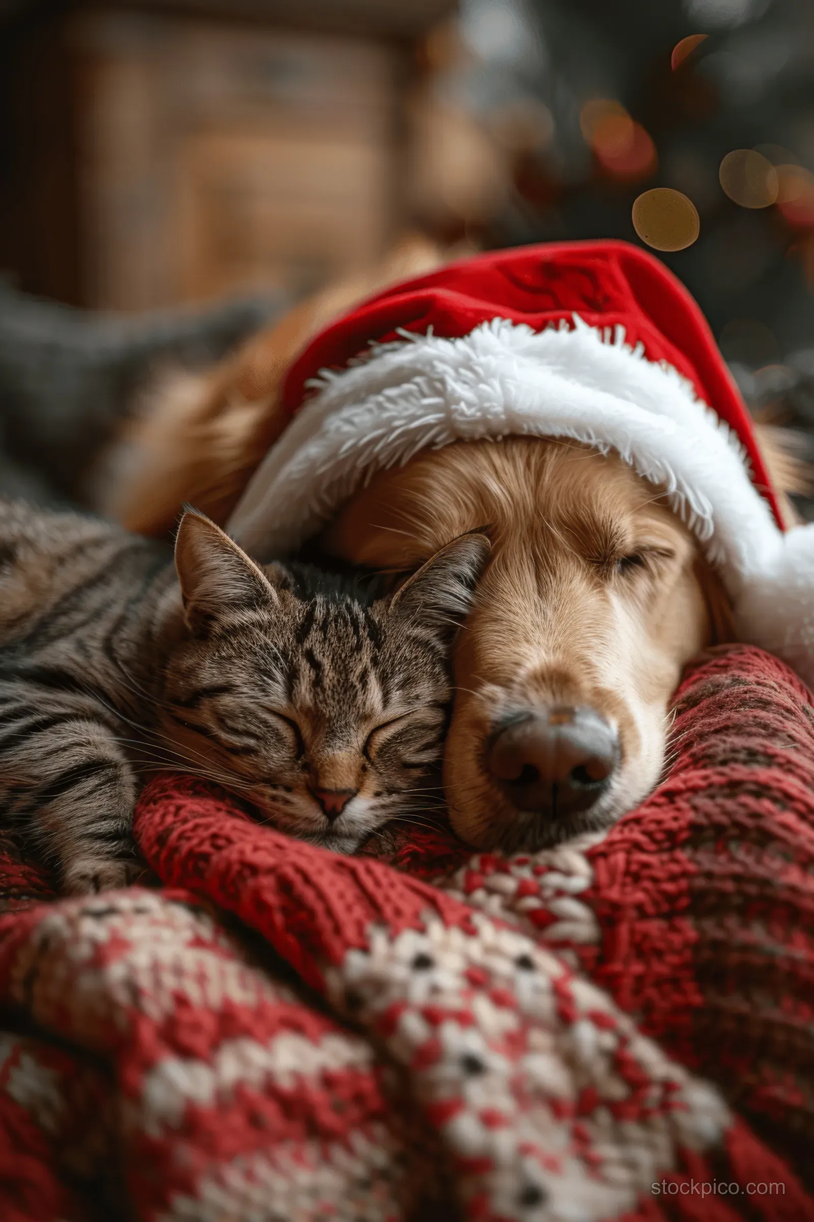 Golden retriever and gray tabby cat sleeping in Santa hats on a red blanket near a Christmas tree.