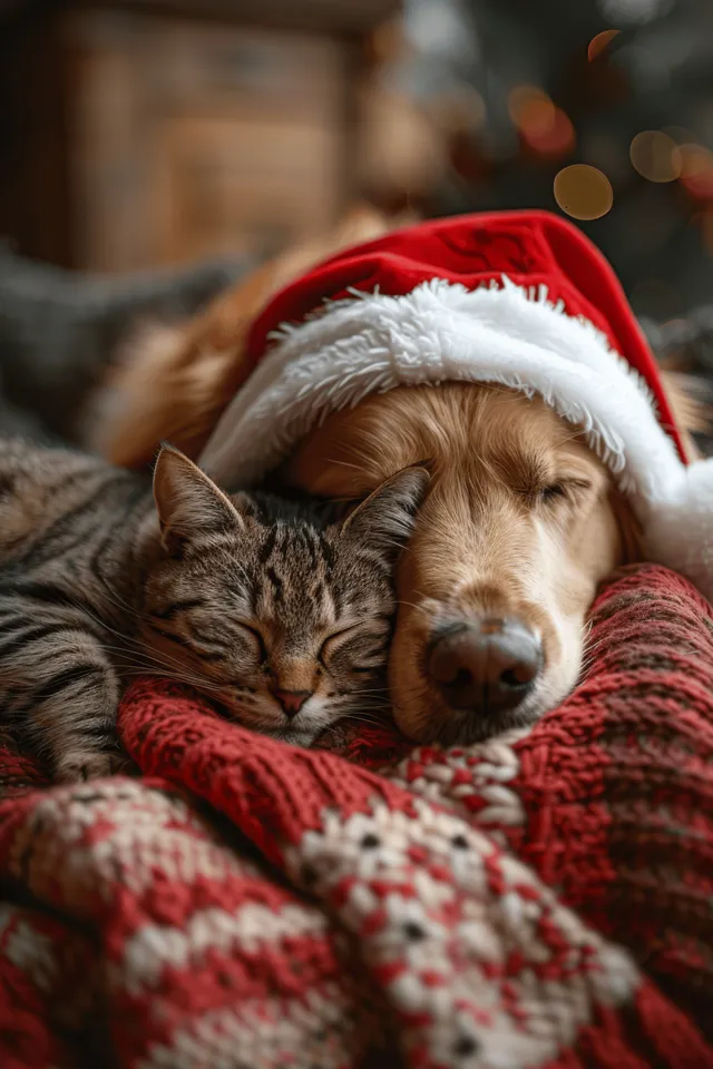 Golden retriever and gray tabby cat sleeping in Santa hats on a red blanket near a Christmas tree.