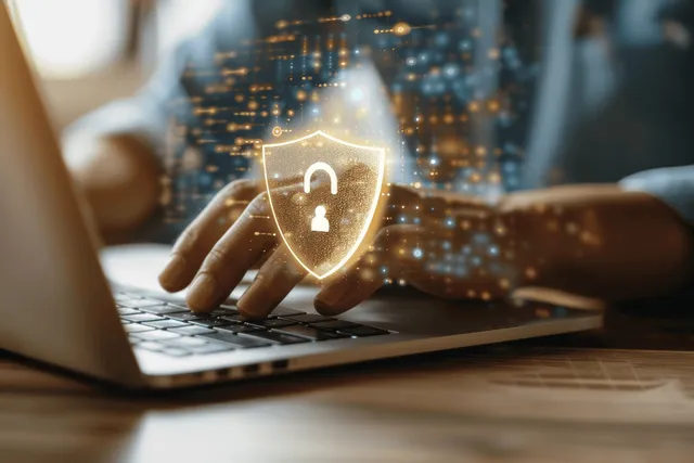 A digital shield, secure lock, and firewall represent cybersecurity, encryption, and safe online access for protecting business data.