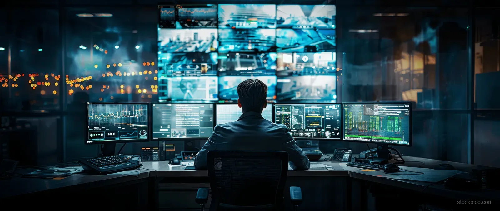 A security officer monitors CCTV screens with a glowing AI HUD in a dark control room.