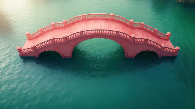 Aerial view of a wavy pink bridge arcing over green water, minimal abstract curves