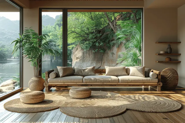 Beige minimalist living room with a wooden sofa, rugs, indoor plants, and a large window showing a mountain landscape.