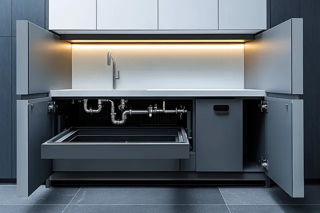 Open grey kitchen sink cabinet shows exposed plumbing pipes and under-cabinet lighting across a white backsplash.