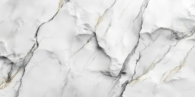 White marble close-up with black and gold veins and natural cracks forming a textured pattern.