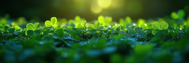 Three-leaf green clover leaves with morning dew on a grassy meadow with blurred sunlight circles.