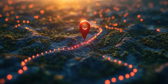 Red location pins are connected by a dotted path across a 3D city map with soft evening lighting.