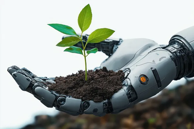 Robotic hand holds dark soil while supporting a small green plant sprout in the center of the frame.