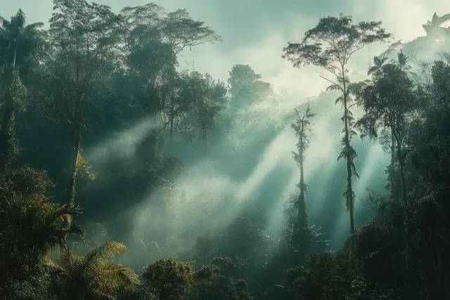 Sunbeams cut through dense mist among tall trees and lush green rainforest foliage.