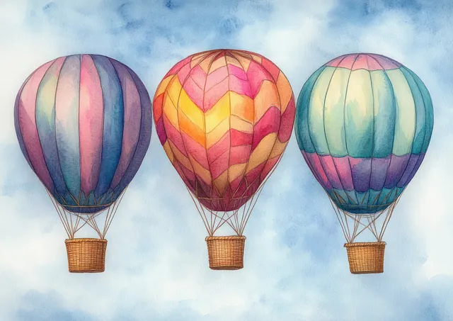 Three colorful hot air balloons float in a watercolor blue sky above a minimal background.