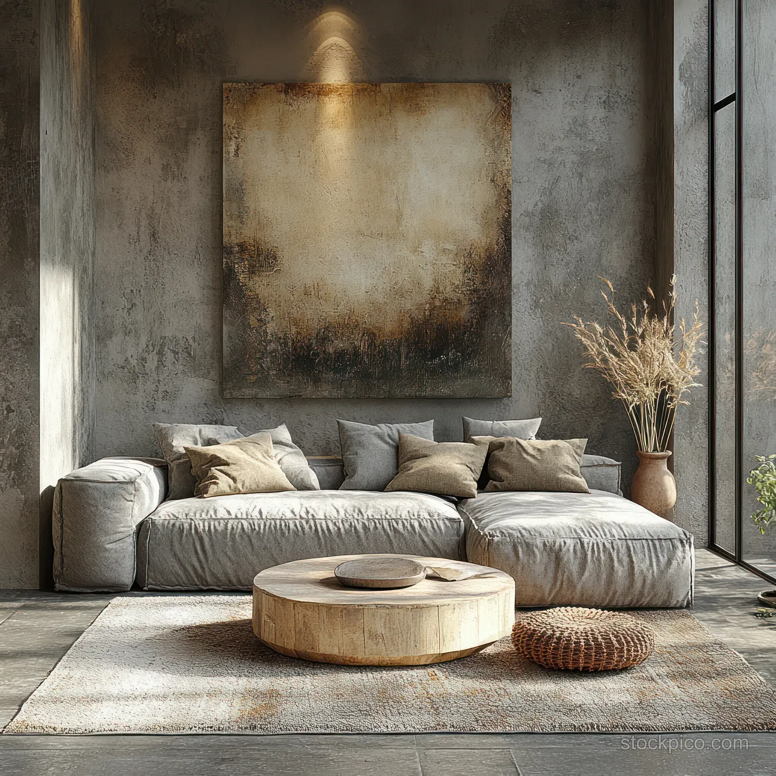 Gray sofa with textured cushions sits in a cozy living room under warm light, facing abstract wall art and a wooden coffee table.