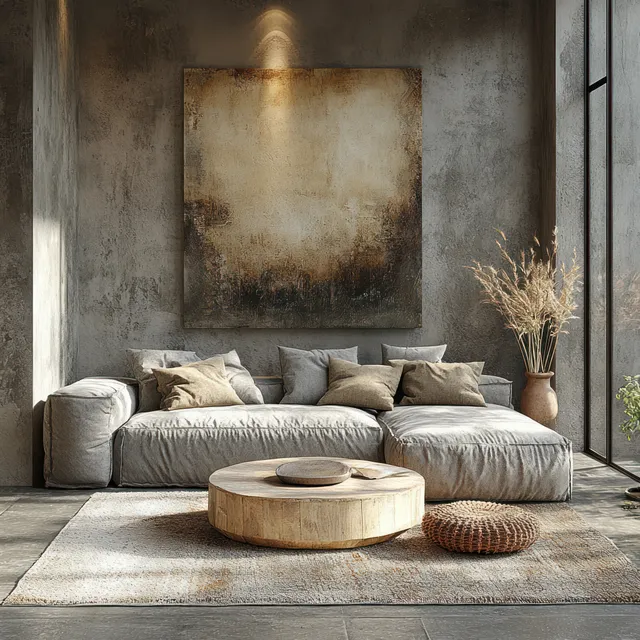 Gray sofa with textured cushions sits in a cozy living room under warm light, facing abstract wall art and a wooden coffee table.