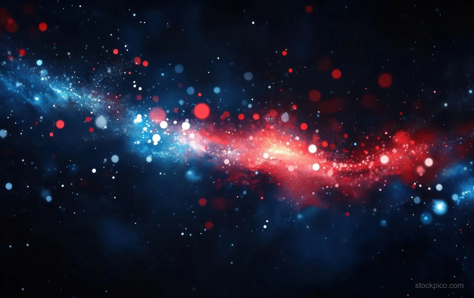 A blue and red nebula with glowing particles and faint stars drifts across a dark outer space background.