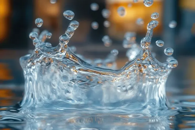 Macro water droplets hang in midair, creating sharp reflections and refractions over a rippling surface.