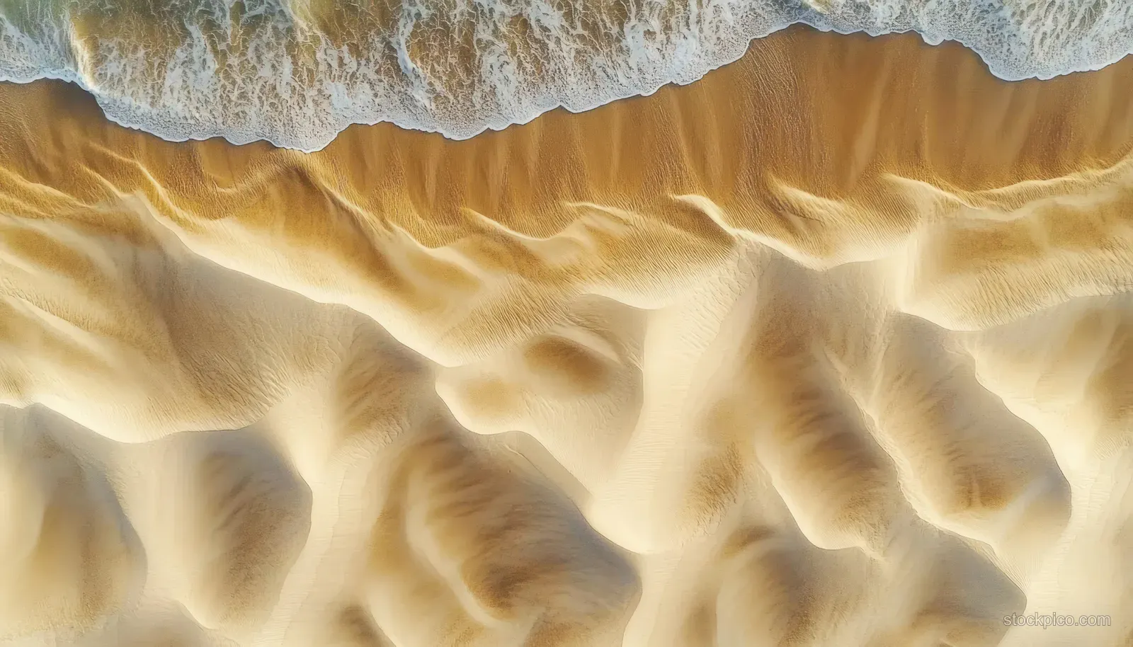 Wind-formed sand ripples and rolling dunes create a minimalist texture along a warm coastal shoreline in soft golden light.