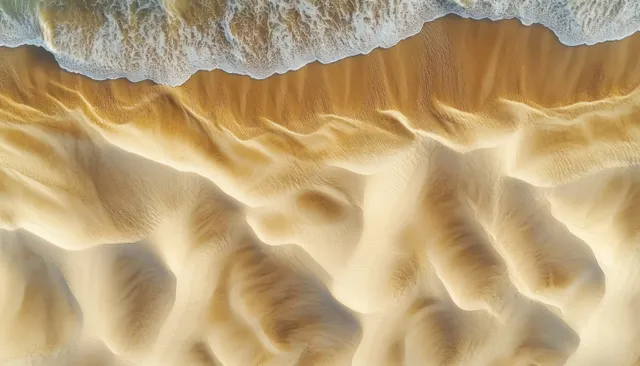 Wind-formed sand ripples and rolling dunes create a minimalist texture along a warm coastal shoreline in soft golden light.