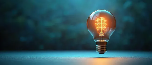 Glowing light bulb with visible filament hovering above a smooth surface in dark blur